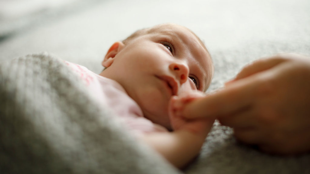 Infant holding index finger of adult