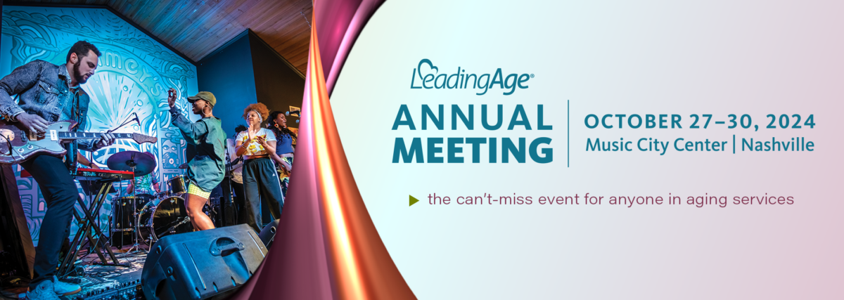 Banner shows LeadingAge Annual Meeting event information and a picture of two musicians on stage.